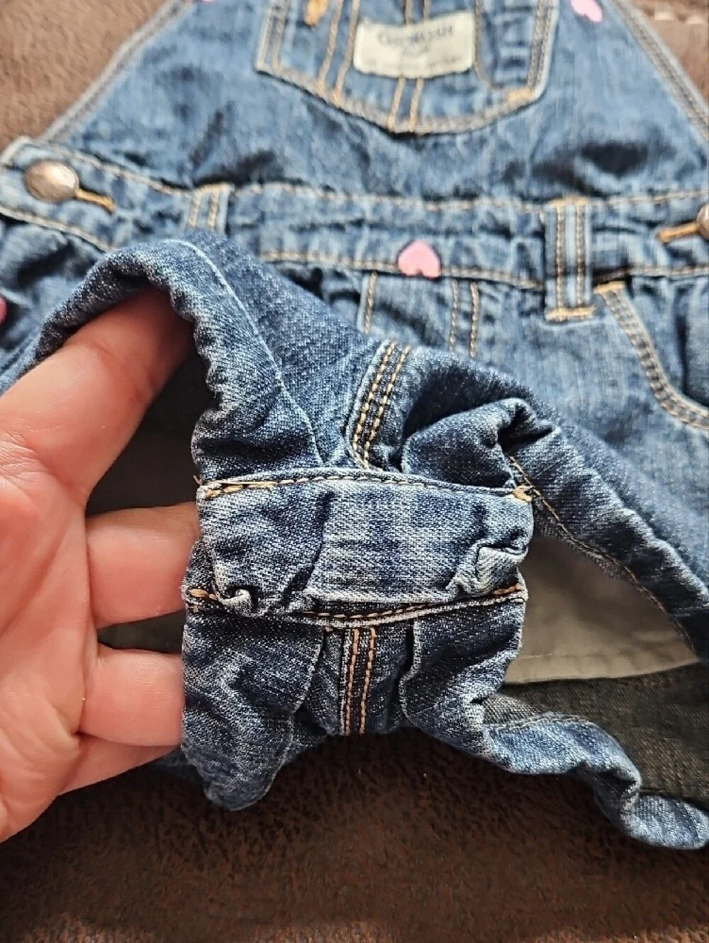 OshKosh B'gosh Blue Denim Shortall with Pink Hearts 12 Months